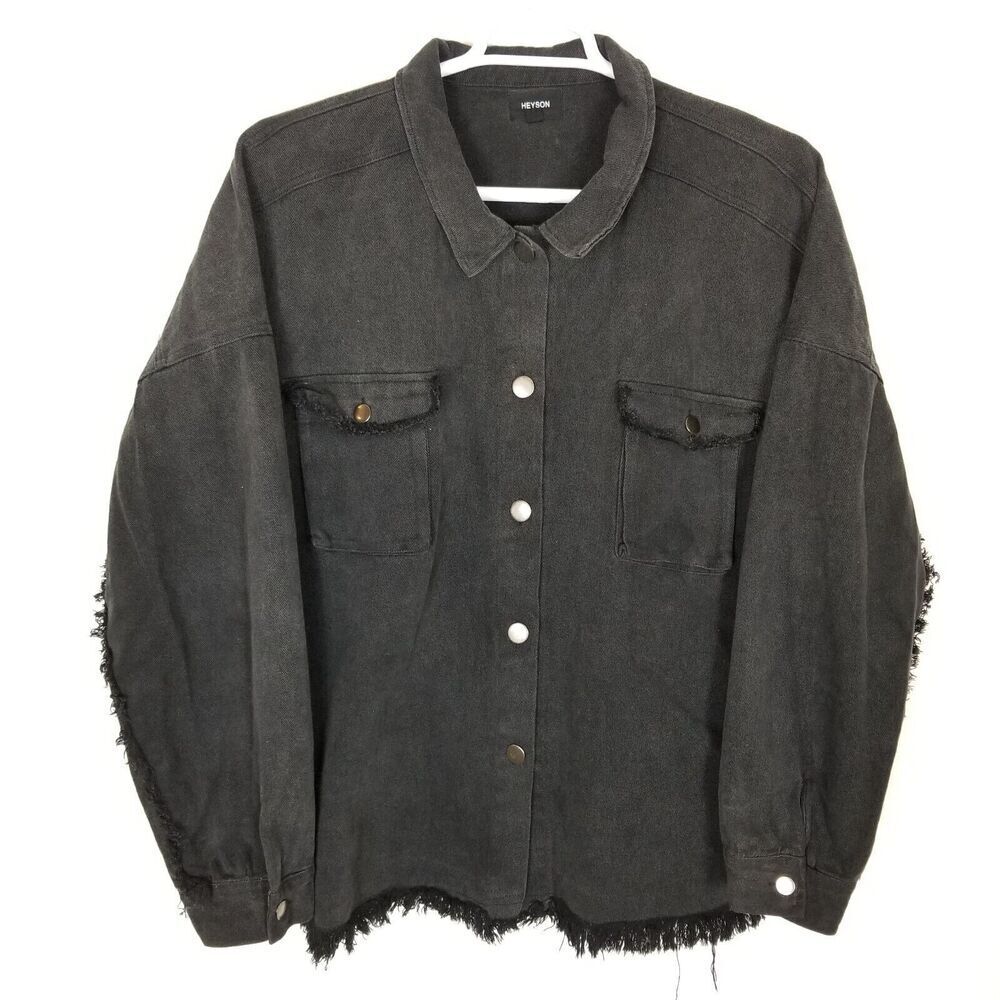 Heyson Women Plus Denim Fringe Jacket Sz 3XL Black Snap Boho Cotton Jeans